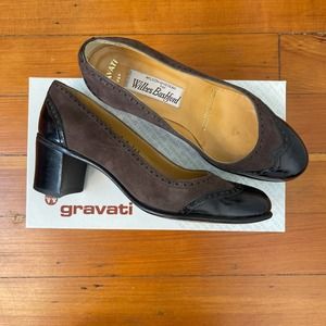 Gravati Wing Tip Pumps Brown Suede Black Patent Leather